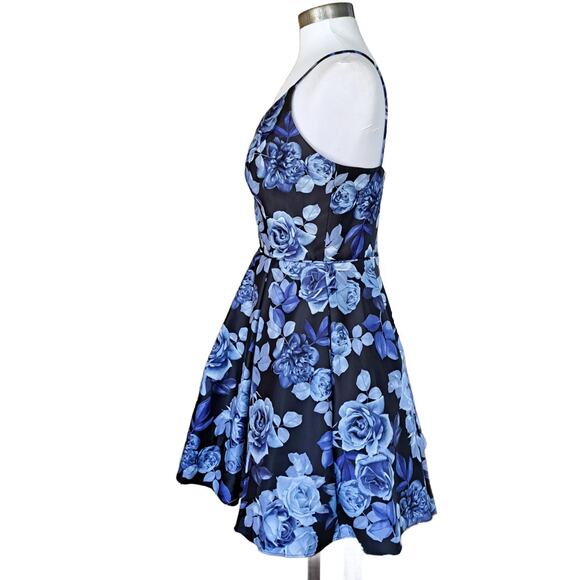 BETSEY & ADAM Blue Black Floral Fit & Flare Mini Dress 10 Cocktail Formal Prom - Picture 6 of 10